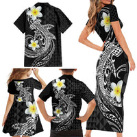 Aloha Hammerhead Shark Family Matching Short Sleeve Bodycon Dress and Hawaiian Shirt Black Hawaiian Kakau Tribal Tattoo LT9 - Polynesian Pride