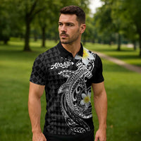 Aloha Hammerhead Shark Zipper Polo Shirt Black Hawaiian Kakau Tribal Tattoo LT9 - Polynesian Pride