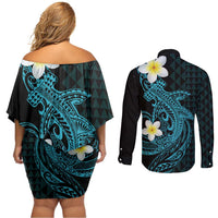 Aloha Hammerhead Shark Couples Matching Off Shoulder Short Dress and Long Sleeve Button Shirt Calypso Hawaiian Kakau Tribal Tattoo LT9 - Polynesian Pride