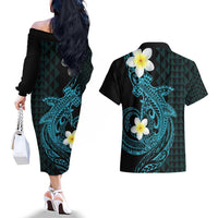 Aloha Hammerhead Shark Couples Matching Off The Shoulder Long Sleeve Dress and Hawaiian Shirt Calypso Hawaiian Kakau Tribal Tattoo LT9 - Polynesian Pride