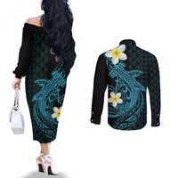 Aloha Hammerhead Shark Couples Matching Off The Shoulder Long Sleeve Dress and Long Sleeve Button Shirt Calypso Hawaiian Kakau Tribal Tattoo LT9 - Polynesian Pride