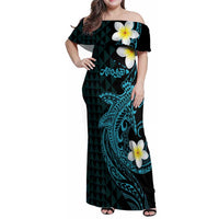 Aloha Hammerhead Shark Family Matching Off Shoulder Maxi Dress and Hawaiian Shirt Calypso Hawaiian Kakau Tribal Tattoo LT9 Mom's Dress Blue - Polynesian Pride