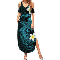 Aloha Hammerhead Shark Family Matching Summer Maxi Dress and Hawaiian Shirt Calypso Hawaiian Kakau Tribal Tattoo LT9 Mom's Dress Blue - Polynesian Pride