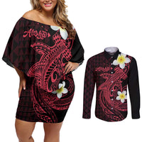 Aloha Hammerhead Shark Couples Matching Off Shoulder Short Dress and Long Sleeve Button Shirt Feverish Pink Hawaiian Kakau Tribal Tattoo LT9 Pink - Polynesian Pride