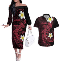 Aloha Hammerhead Shark Couples Matching Off The Shoulder Long Sleeve Dress and Hawaiian Shirt Feverish Pink Hawaiian Kakau Tribal Tattoo LT9 Pink - Polynesian Pride