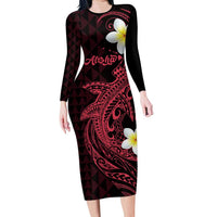 Aloha Hammerhead Shark Long Sleeve Bodycon Dress Feverish Pink Hawaiian Kakau Tribal Tattoo LT9 Long Dress Pink - Polynesian Pride