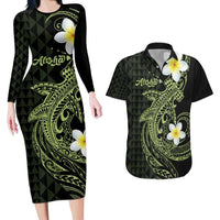 Aloha Hammerhead Shark Couples Matching Long Sleeve Bodycon Dress and Hawaiian Shirt Lime Rickey Hawaiian Kakau Tribal Tattoo LT9 Lime - Polynesian Pride