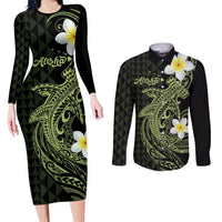 Aloha Hammerhead Shark Couples Matching Long Sleeve Bodycon Dress and Long Sleeve Button Shirt Lime Rickey Hawaiian Kakau Tribal Tattoo LT9 Lime - Polynesian Pride