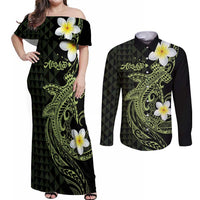 Aloha Hammerhead Shark Couples Matching Off Shoulder Maxi Dress and Long Sleeve Button Shirt Lime Rickey Hawaiian Kakau Tribal Tattoo LT9 Lime - Polynesian Pride