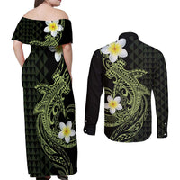 Aloha Hammerhead Shark Couples Matching Off Shoulder Maxi Dress and Long Sleeve Button Shirt Lime Rickey Hawaiian Kakau Tribal Tattoo LT9 - Polynesian Pride