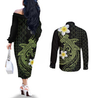Aloha Hammerhead Shark Couples Matching Off The Shoulder Long Sleeve Dress and Long Sleeve Button Shirt Lime Rickey Hawaiian Kakau Tribal Tattoo LT9 - Polynesian Pride