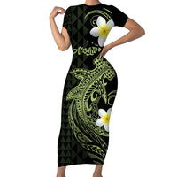 Aloha Hammerhead Shark Short Sleeve Bodycon Dress Lime Rickey Hawaiian Kakau Tribal Tattoo LT9 Long Dress Lime - Polynesian Pride