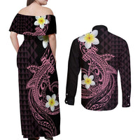 Aloha Hammerhead Shark Couples Matching Off Shoulder Maxi Dress and Long Sleeve Button Shirt Vivacious Pink Hawaiian Kakau Tribal Tattoo LT9 - Polynesian Pride