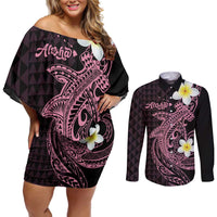 Aloha Hammerhead Shark Couples Matching Off Shoulder Short Dress and Long Sleeve Button Shirt Vivacious Pink Hawaiian Kakau Tribal Tattoo LT9 Pink - Polynesian Pride