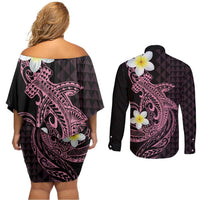 Aloha Hammerhead Shark Couples Matching Off Shoulder Short Dress and Long Sleeve Button Shirt Vivacious Pink Hawaiian Kakau Tribal Tattoo LT9 - Polynesian Pride