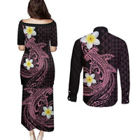 Aloha Hammerhead Shark Couples Matching Puletasi and Long Sleeve Button Shirt Vivacious Pink Hawaiian Kakau Tribal Tattoo LT9 - Polynesian Pride