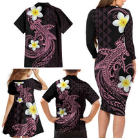 Aloha Hammerhead Shark Family Matching Long Sleeve Bodycon Dress and Hawaiian Shirt Vivacious Pink Hawaiian Kakau Tribal Tattoo LT9 - Polynesian Pride