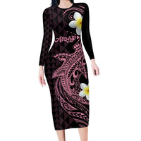 Aloha Hammerhead Shark Long Sleeve Bodycon Dress Vivacious Pink Hawaiian Kakau Tribal Tattoo LT9 Long Dress Pink - Polynesian Pride