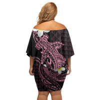 Aloha Hammerhead Shark Off Shoulder Short Dress Vivacious Pink Hawaiian Kakau Tribal Tattoo LT9 - Polynesian Pride