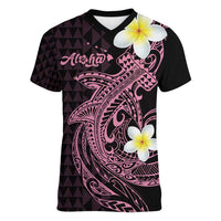 Aloha Hammerhead Shark Women V-Neck T-Shirt Vivacious Pink Hawaiian Kakau Tribal Tattoo LT9 Female Pink - Polynesian Pride