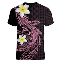 Aloha Hammerhead Shark Women V-Neck T-Shirt Vivacious Pink Hawaiian Kakau Tribal Tattoo LT9 - Polynesian Pride