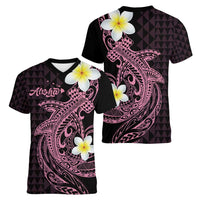 Aloha Hammerhead Shark Women V-Neck T-Shirt Vivacious Pink Hawaiian Kakau Tribal Tattoo LT9 - Polynesian Pride