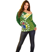 (Custom Text And Number) The Kuki's Cook Islands Rugby Off Shoulder Sweater Be Unique Vibe Green LT9 - Polynesian Pride