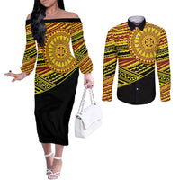 Personalised Tonga Ha apai High School Couples Matching Off The Shoulder Long Sleeve Dress and Long Sleeve Button Shirt Ngatu Fonulei Pattern