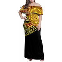 Personalised Tonga Ha apai High School Family Matching Off Shoulder Maxi Dress and Hawaiian Shirt Ngatu Fonulei Pattern LT9 Mom's Dress Gold - Polynesian Pride