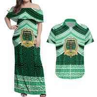 Personalised Tonga Saineha High School Couples Matching Off Shoulder Maxi Dress and Hawaiian Shirt Polynesian Ngatu Tribal LT9 Green - Polynesian Pride