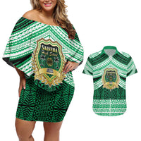 Personalised Tonga Saineha High School Couples Matching Off Shoulder Short Dress and Hawaiian Shirt Polynesian Ngatu Tribal LT9 Green - Polynesian Pride