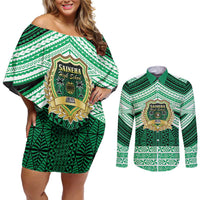 Personalised Tonga Saineha High School Couples Matching Off Shoulder Short Dress and Long Sleeve Button Shirt Polynesian Ngatu Tribal LT9 Green - Polynesian Pride