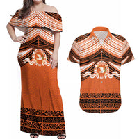 Personalised Tonga Tailulu College Couples Matching Off Shoulder Maxi Dress and Hawaiian Shirt Polynesian Ngatu Tribal LT9 Orange - Polynesian Pride