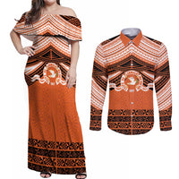 Personalised Tonga Tailulu College Couples Matching Off Shoulder Maxi Dress and Long Sleeve Button Shirt Polynesian Ngatu Tribal LT9 Orange - Polynesian Pride