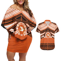 Personalised Tonga Tailulu College Couples Matching Off Shoulder Short Dress and Hawaiian Shirt Polynesian Ngatu Tribal LT9 Orange - Polynesian Pride