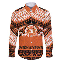 Personalised Tonga Tailulu College Family Matching Off Shoulder Short Dress and Hawaiian Shirt Polynesian Ngatu Tribal LT9 Dad's Shirt - Long Sleeve Orange - Polynesian Pride