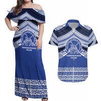 Personalised Tonga Taufa'ahau Pilolevu College Couples Matching Off Shoulder Maxi Dress and Hawaiian Shirt Polynesian Ngatu Tribal LT9 Blue - Polynesian Pride