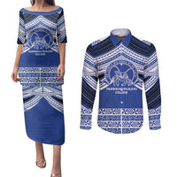 Personalised Tonga Taufa'ahau Pilolevu College Couples Matching Puletasi and Long Sleeve Button Shirt Polynesian Ngatu Tribal LT9 Blue - Polynesian Pride