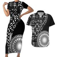 Black Tongan Ngatu Fonulei Pattern Couples Matching Short Sleeve Bodycon Dress and Hawaiian Shirt