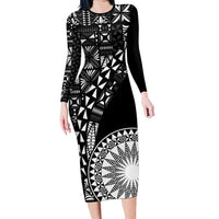 Black Tongan Ngatu Fonulei Pattern Family Matching Long Sleeve Bodycon Dress and Hawaiian Shirt