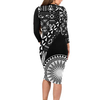 Black Tongan Ngatu Fonulei Pattern Family Matching Long Sleeve Bodycon Dress and Hawaiian Shirt
