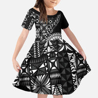 Black Tongan Ngatu Fonulei Pattern Family Matching Mermaid Dress and Hawaiian Shirt LT9 Daughter's Dress Black - Polynesian Pride