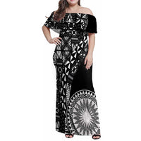 Black Tongan Ngatu Fonulei Pattern Family Matching Off Shoulder Maxi Dress and Hawaiian Shirt LT9 Mom's Dress Black - Polynesian Pride