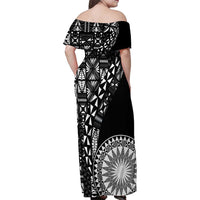 Black Tongan Ngatu Fonulei Pattern Family Matching Off Shoulder Maxi Dress and Hawaiian Shirt LT9 - Polynesian Pride