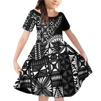 Black Tongan Ngatu Fonulei Pattern Family Matching Off Shoulder Short Dress and Hawaiian Shirt LT9 Daughter's Dress Black - Polynesian Pride