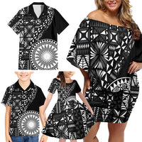 Black Tongan Ngatu Fonulei Pattern Family Matching Off Shoulder Short Dress and Hawaiian Shirt LT9 - Polynesian Pride