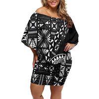 Black Tongan Ngatu Fonulei Pattern Family Matching Off Shoulder Short Dress and Hawaiian Shirt LT9 Mom's Dress Black - Polynesian Pride