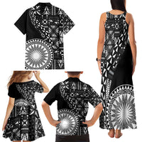 Black Tongan Ngatu Fonulei Pattern Family Matching Tank Maxi Dress and Hawaiian Shirt