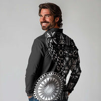 Black Tongan Ngatu Fonulei Pattern Long Sleeve Polo Shirt