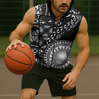 Black Tongan Ngatu Fonulei Pattern Sleeveless Zip Hoodie - Polynesian Pride